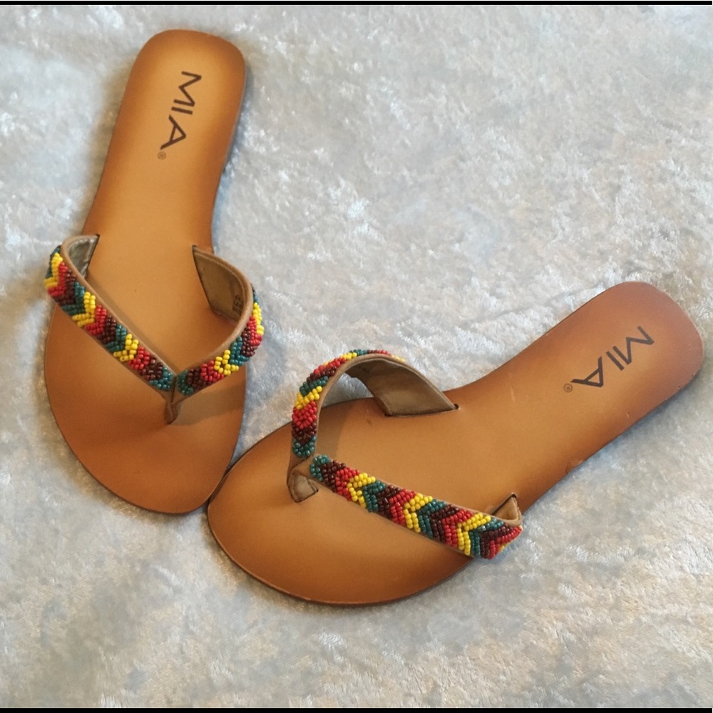 MIA Multi-Colored Beaded Flip Flop Leather Sandals